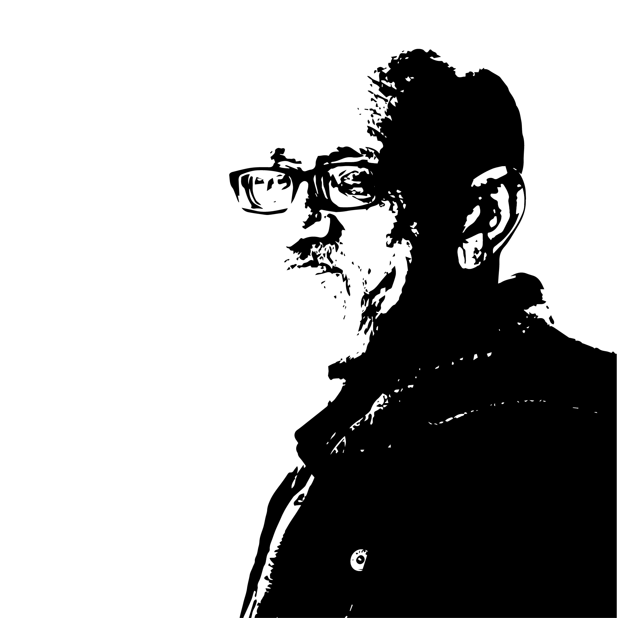 czarno-biały stylizowany portret łotewskiego i już nieżyjącego autora Leons Briedis. Mężczyzna w starszym wieku, z siwymi włosami, broda i okularami, w ciemnym ubraniu.