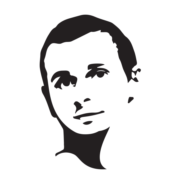 czarno-białym stylizowany portret pisarza i filmowca Ołeha Sencowa. Widać tylko głowę na biały tle. Głowa jest lekko pochylona w lewo. Mężczyzna ma spokojny wyraz twarzy