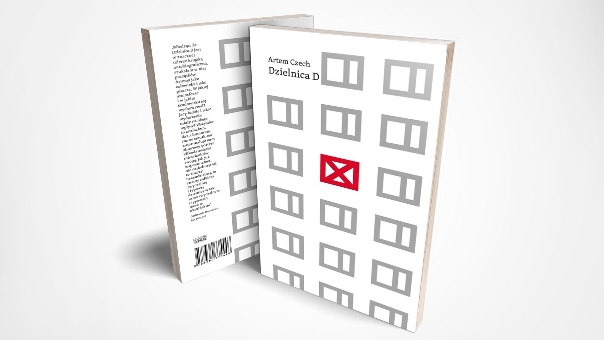 Biała okładka książki Dzielnica D, swoim układem przypomina ścianę bloku mieszkalnego z szeregiem okien w sześciu rzędach. Jedno z okien jest w kolorze czerwonym ze znakiem iks w środku
