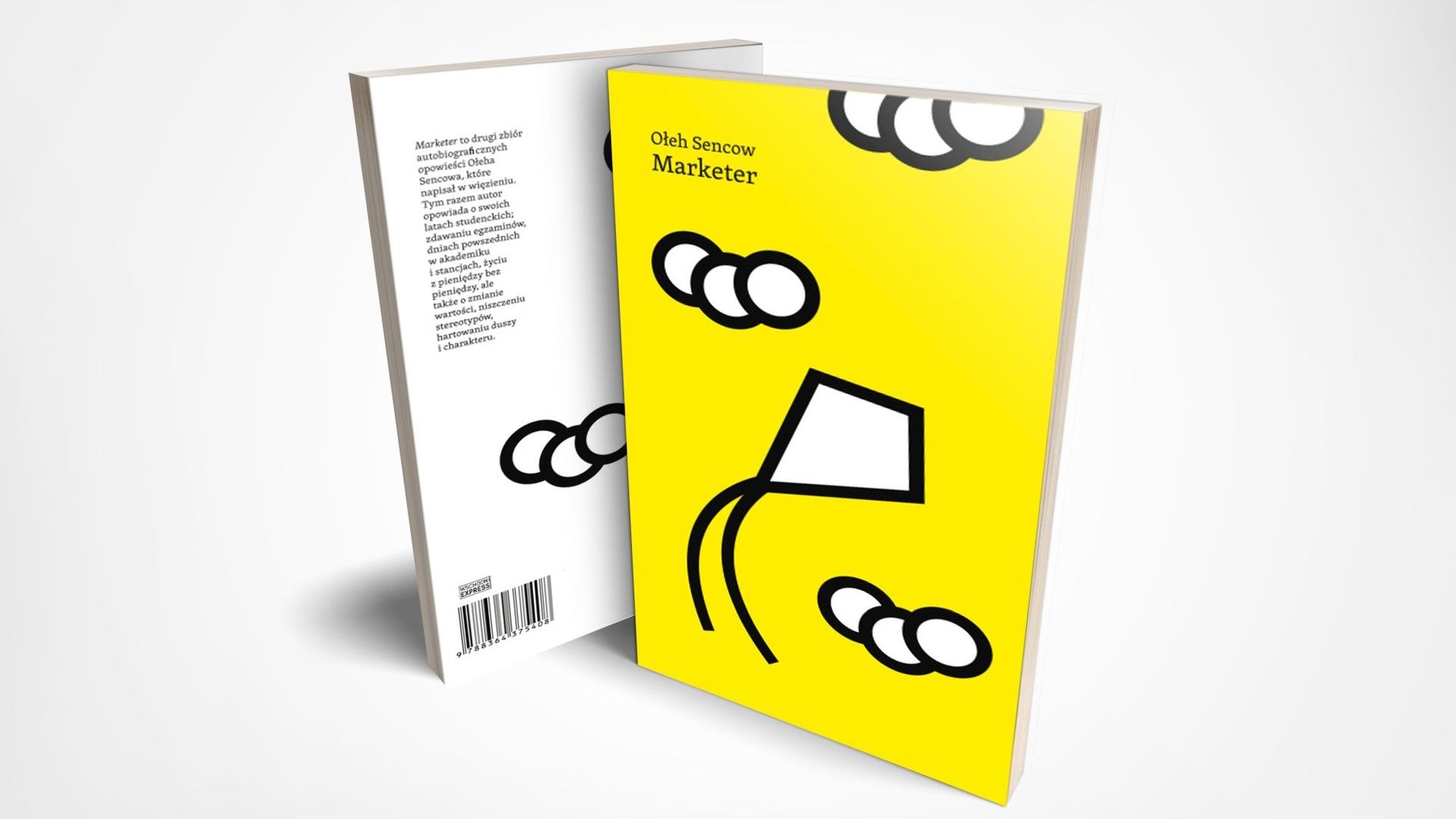 Żółta okładka książki Marketer. Idąc od górnej krawędzi widać trzy pary zgrupowanych razem kółek z czarnym obramowaniem i białym wypełnieniem. Między drugą a trzecią parą kółek widać latawiec]
