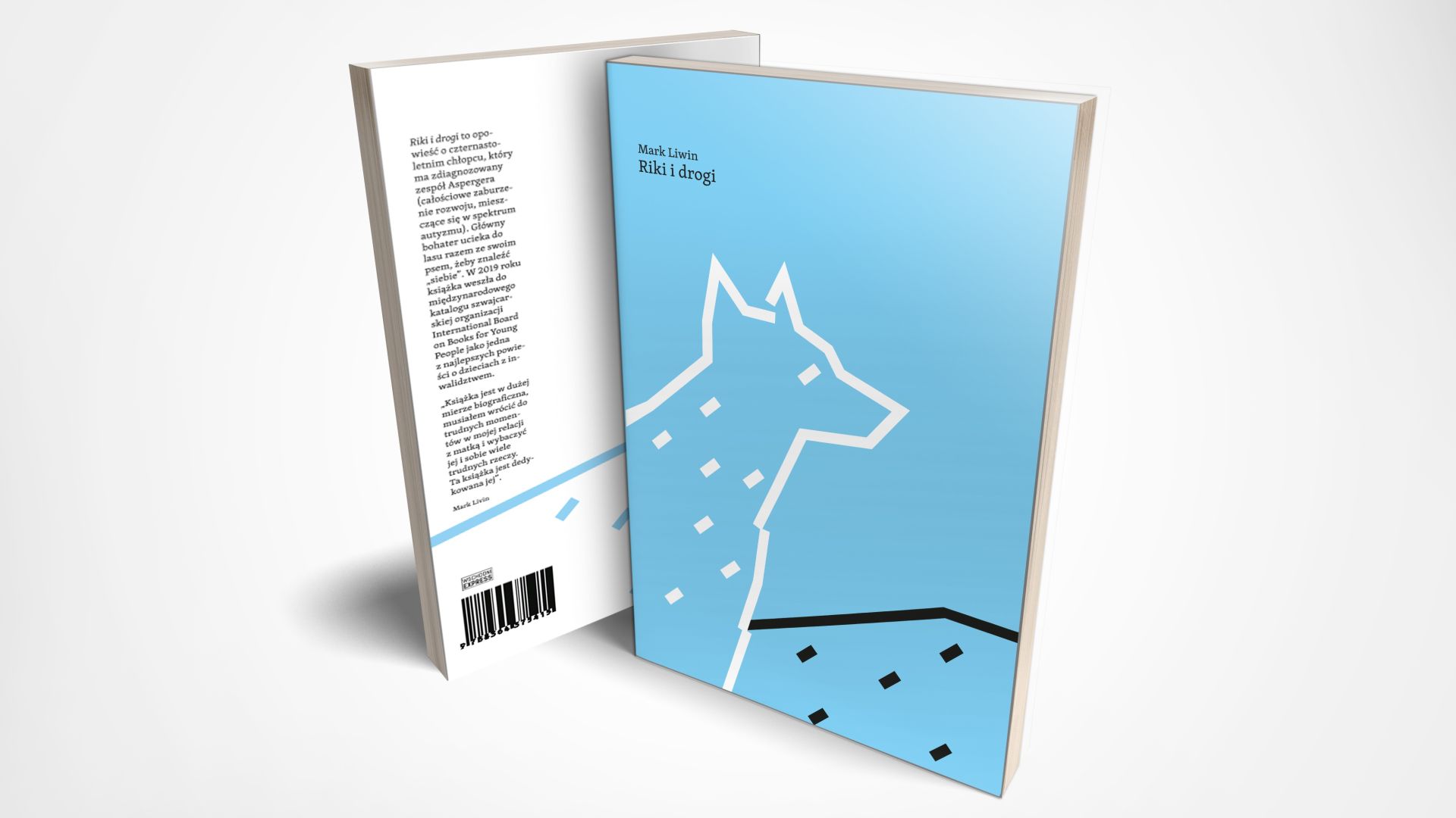 błękitna okładka książki. U góry czarną czcionką nazwisko autora Mark Livin oraz tytuł Riki i drogi. Poniżej biały kontur średniej wielkości psa stojącego na drodze. Widok z boku. Pies patrzy w dal poza okładkę.