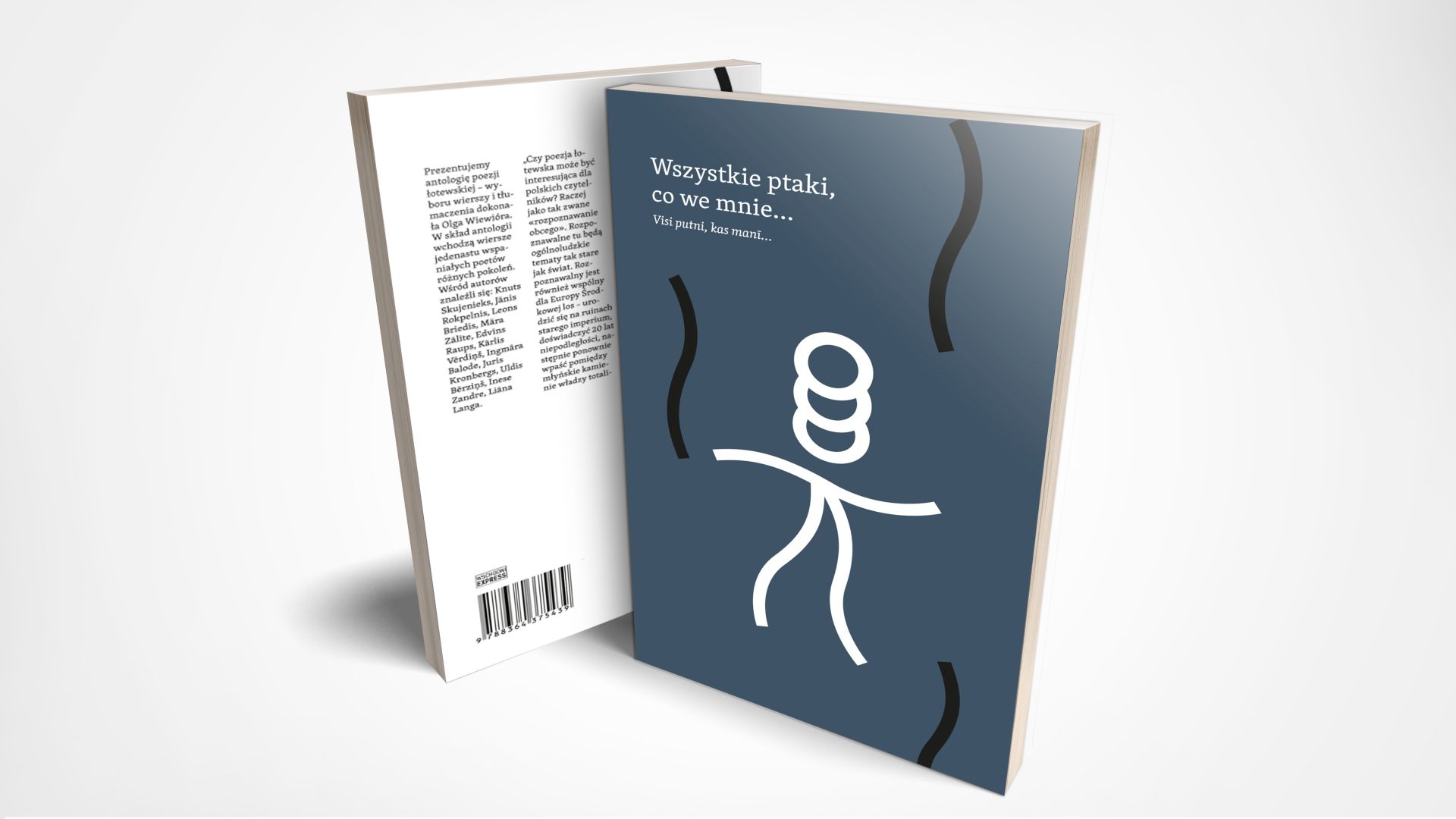 Granatowa okładka ksiązki Wszystkie ptaki, co we mnie, po środku ilustracja człowieka z potrójną głową. Wokół człowieka czarne szlaczki jak padający deszcz