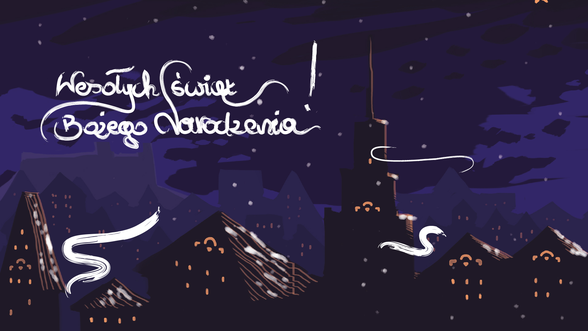 kartka świąteczna. U góry po lewej stronie stylizowany napis Wesołych świąt Bożego Narodzenia. Ciemnoniebieskie tło, po prawej stronie u góry spadająca gwiazda. W dole miasto z wieloma budynkami i wieżą na środku