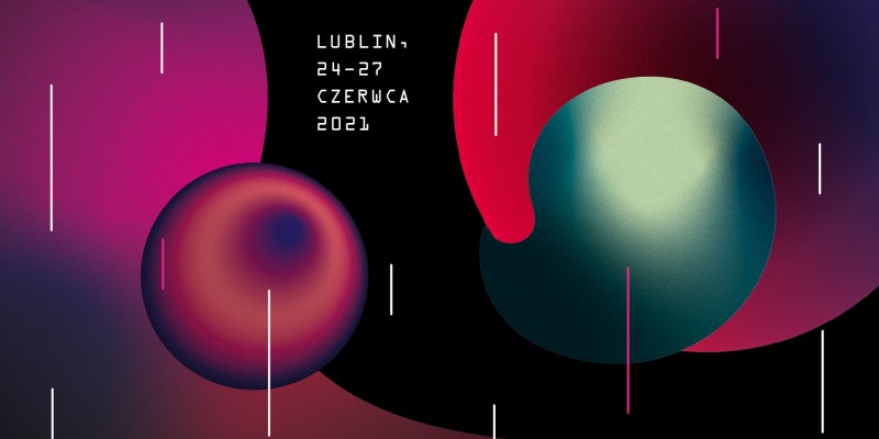 Kolorowa plansza, niczym rozlane płyny. Napis Lublin 24-27 czerwca 2021