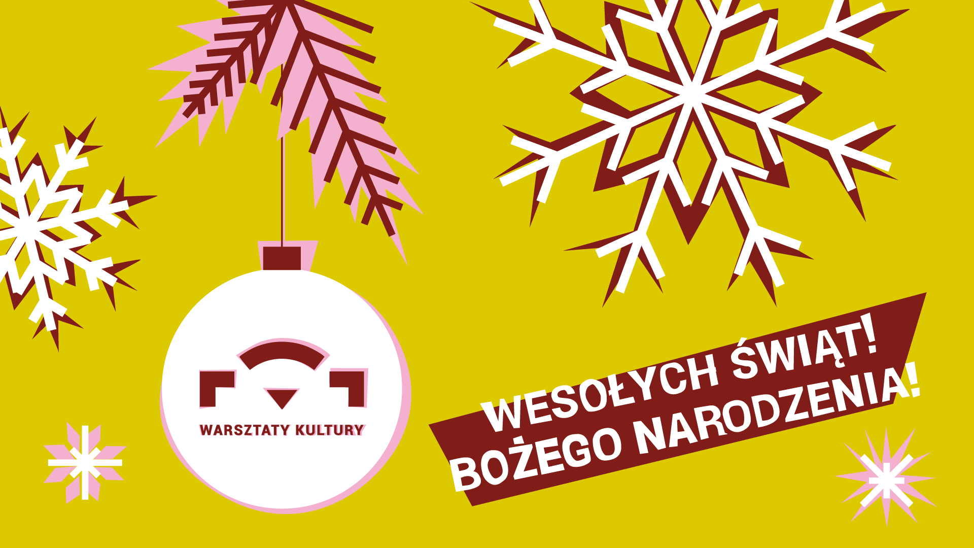 Kartka świąteczna z napisem Wesołych Świąt Bożego Narodzenia o bombką.