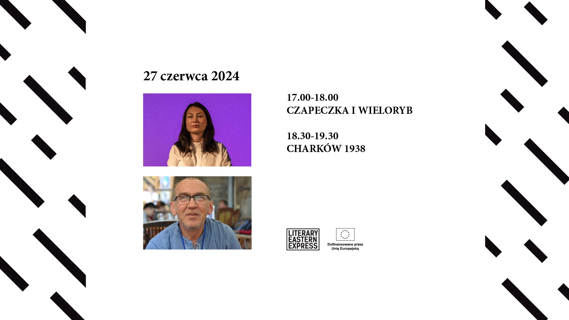 Grafika zapowiadająca spotkania autorskie i premiery literackie książek Czapeczka i wieloryb oraz Charków 1938. Na grafice zdjęcia autorów.