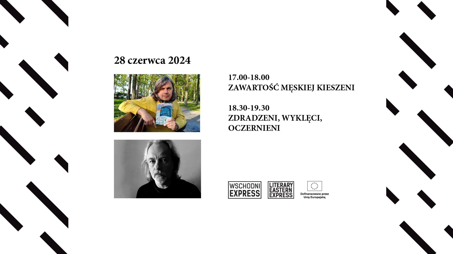 Grafika zapowiadająca spotkania autorskie i premiery literackie książek Zawartość męskiej kieszeni oraz Zdradzeni, wyklęci, oczernieni. Na grafice zdjęcia autorów.