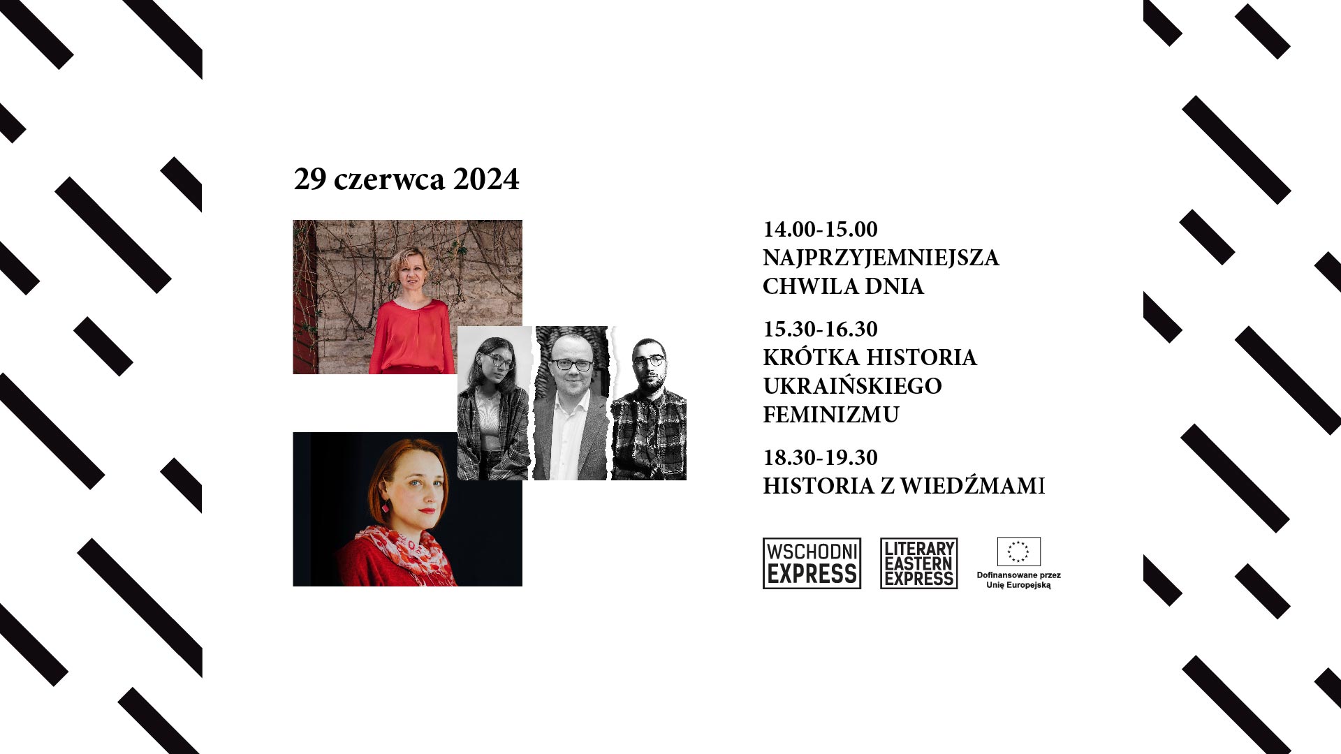Grafika zapowiadająca spotkania autorskie i premiery literackie książek Najprzyjemniejsza chwila dnia, Krótka historia ukraińskiego feminizmu oraz Historia z wiedźmami. Na grafice zdjęcia autorów.