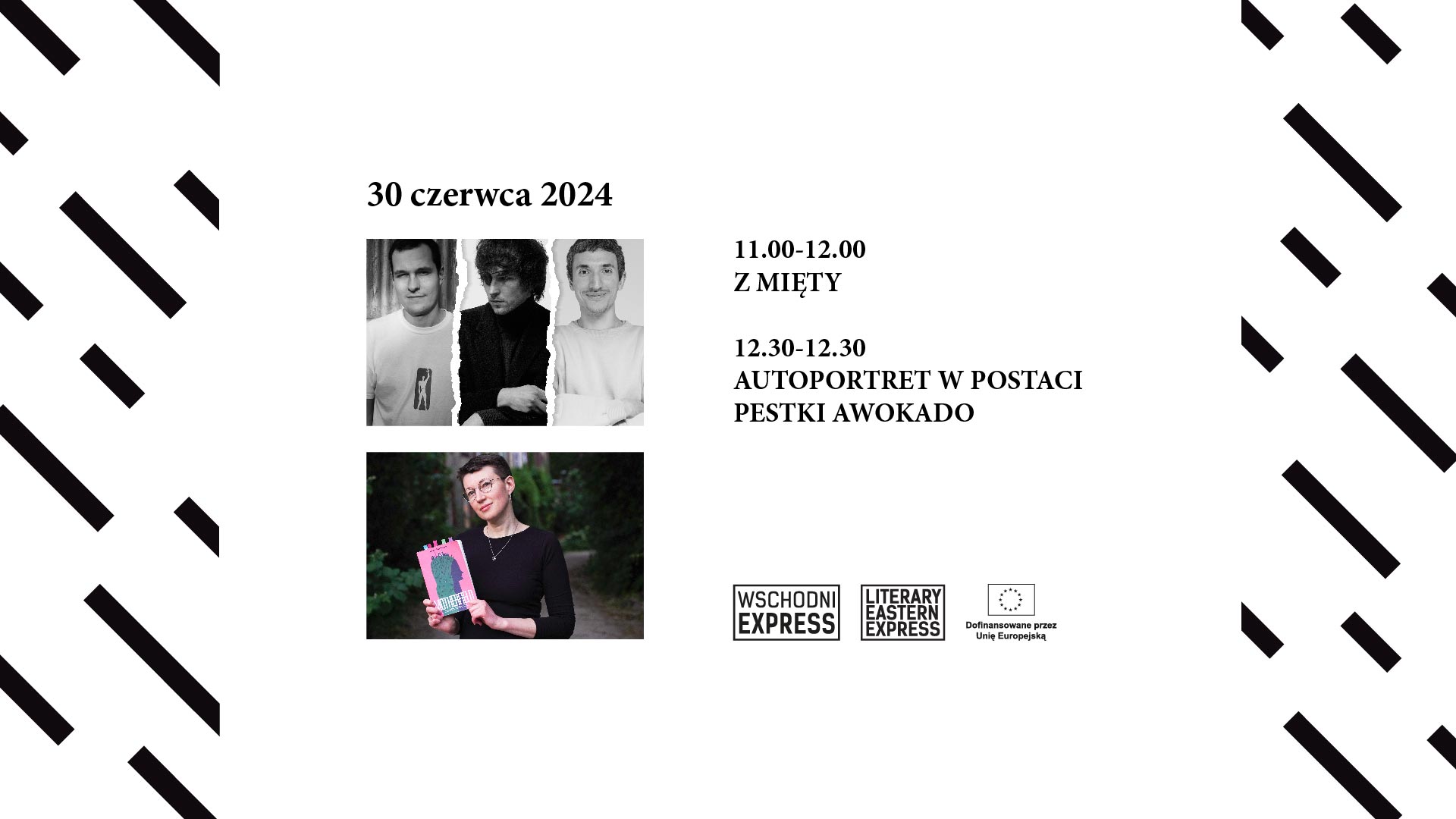 Grafika zapowiadająca spotkania autorskie i premiery literackie książek z mięty oraz Autoportret w postaci pestki awokado. Na grafice zdjęcia autorów.