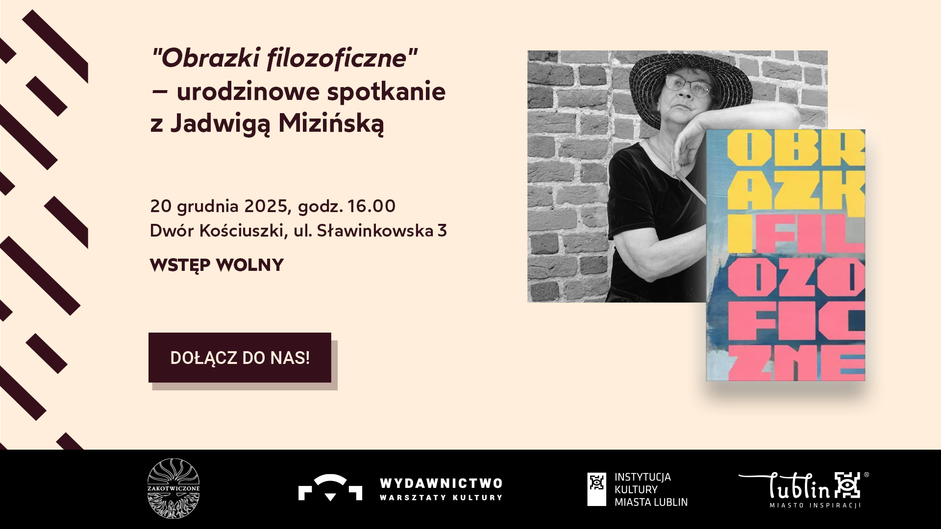 Grafika z okładką książki i zdjęciem autorki. Napis: Obrazki filozoficzne - urodzinowe spotkanie z Jadwigą Mizińską 20 grudnia 2025 godz. 16.00 Dwór Kościuski, wstęp wolny.
