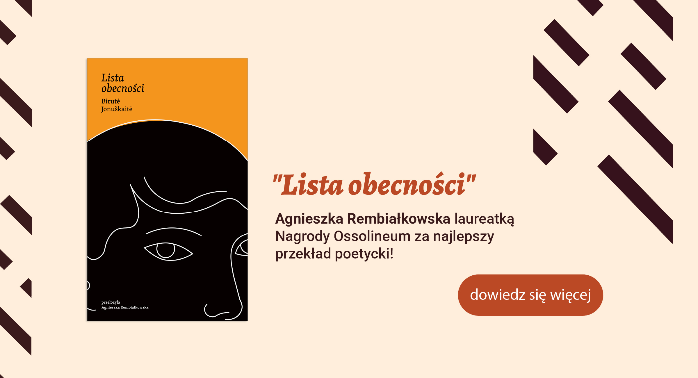 Lista_obecnosci_hd_poprawka Grafika z okładką książki Lista obecności i napis: Agnieszka Rembiałkowska aureatką Nagrody Ossolineum za najlepszy przekład poetycki!