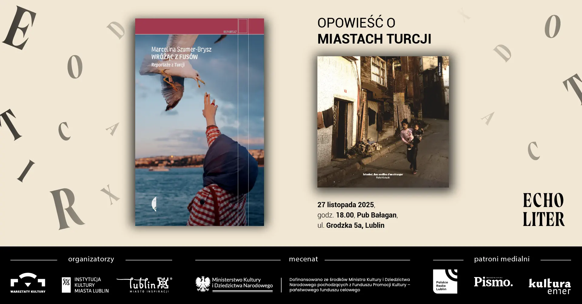 Grafika z dwiema książkami: Opowieść o miastach Turcji i Wróżąc z fusów.