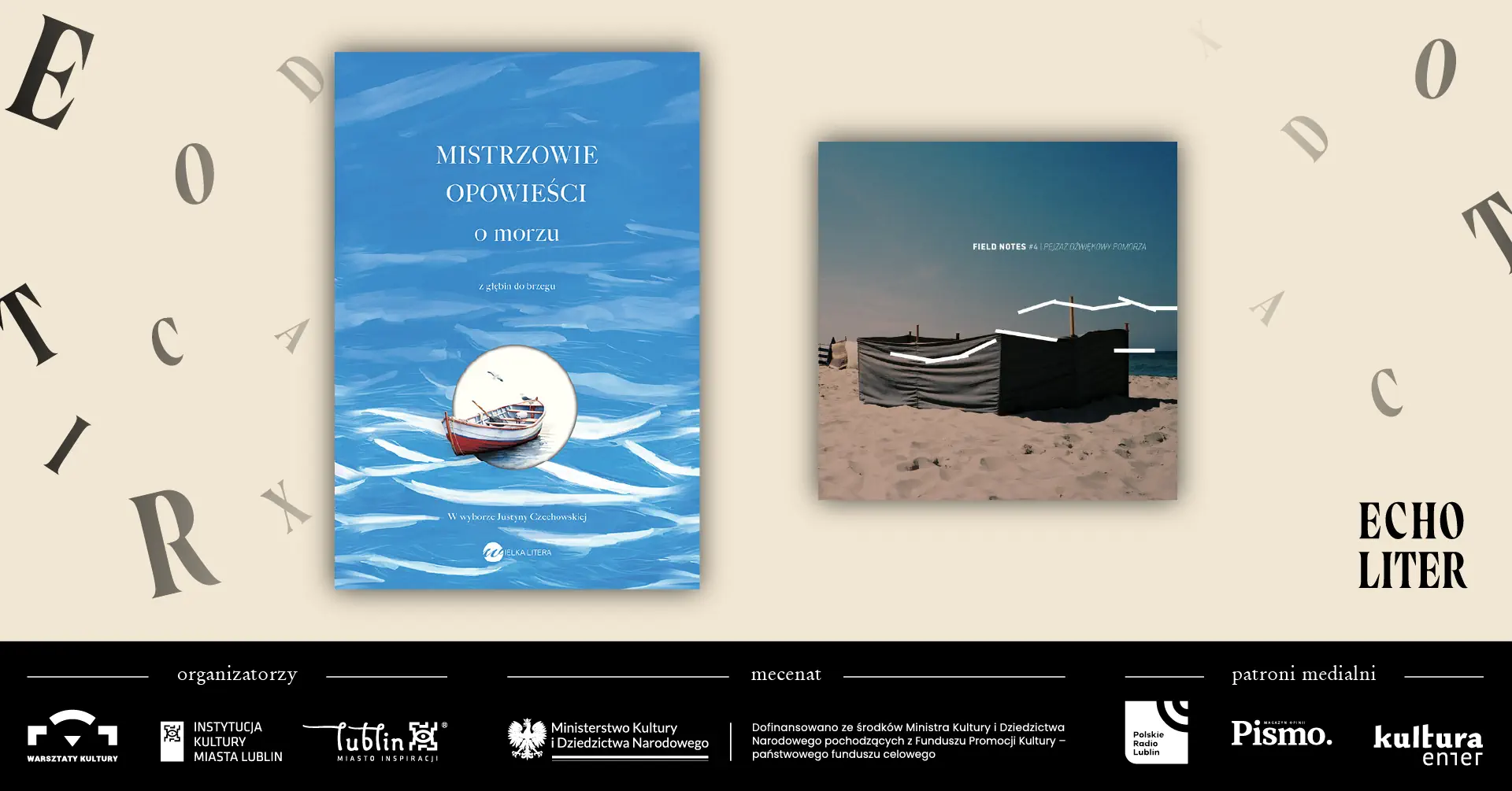 Grafika z okładką książki Mistrzowie opowieści o morzu i zdjęcie plaży.
