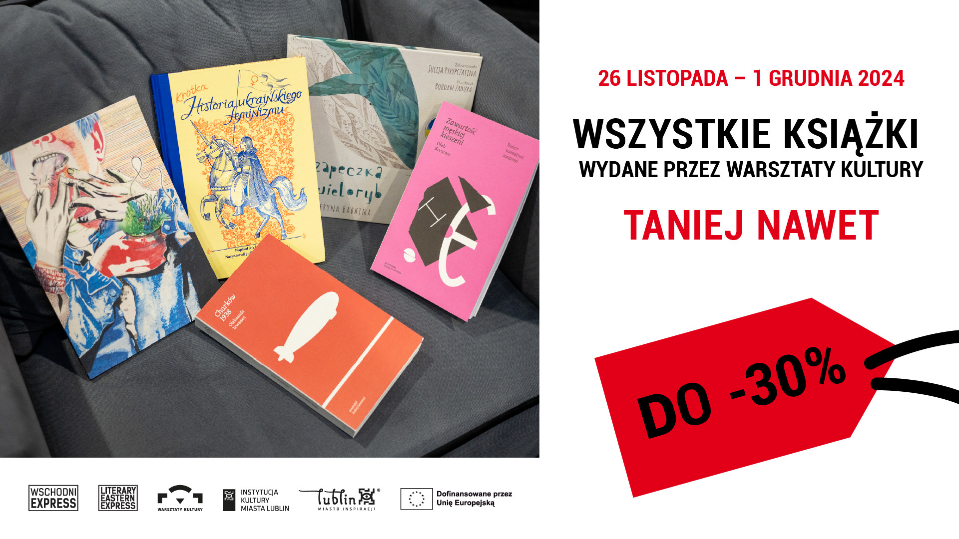 Zdjęcie książek leżących na fotelu i napis Wszystkie książki wydane przez Warsztaty Kultury taniej nawet do -30%.