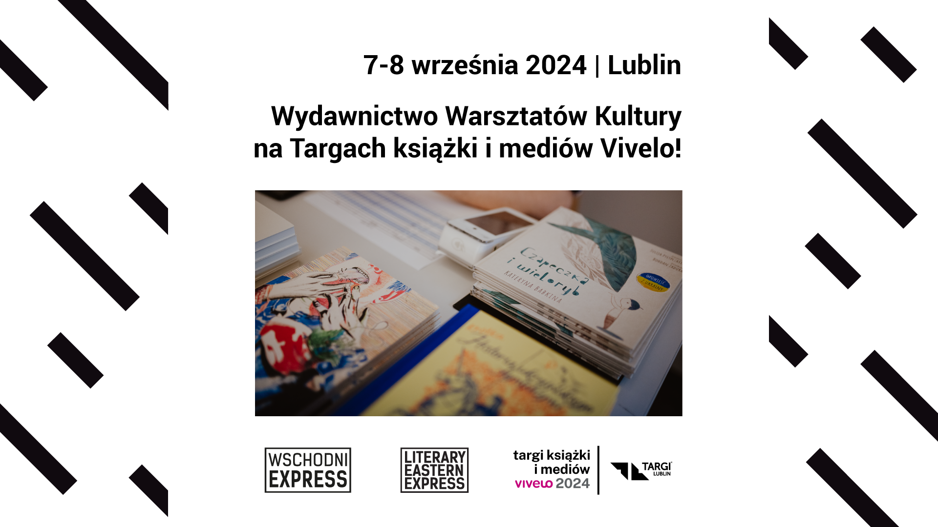 Książki leżą na stole. Obok napis 7-8 września 2024 Lublin targi Vilevo.