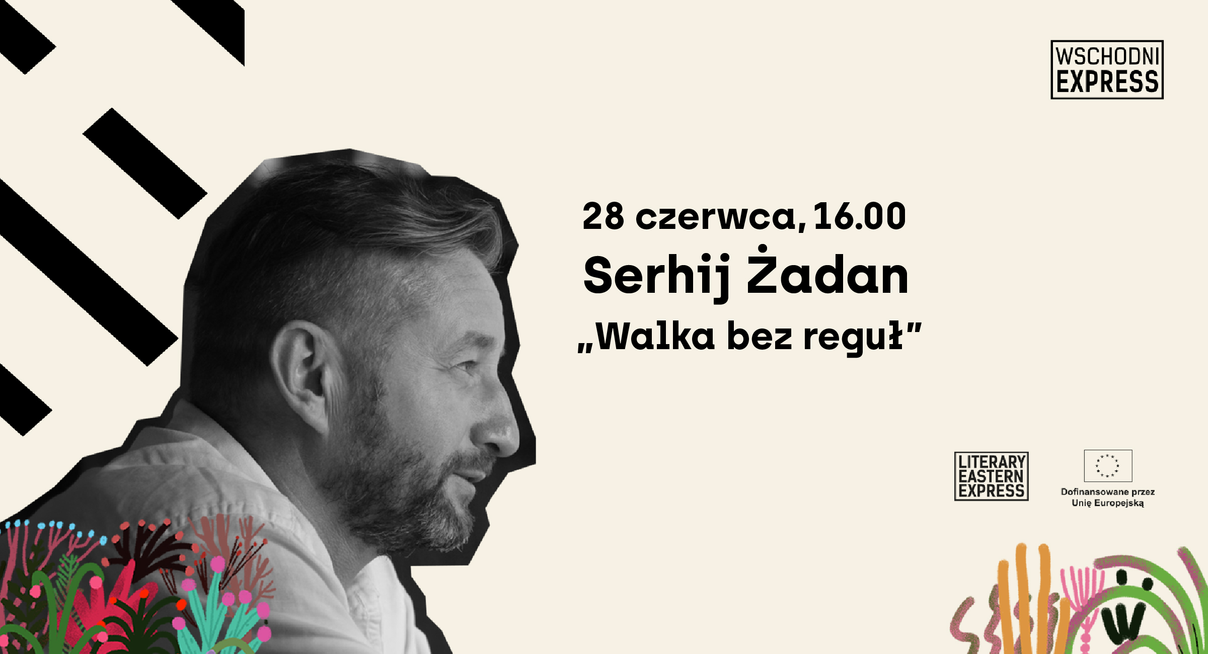 zadan_hd Grafika ze zdjęciem Żadana, która zapowiada spotkanie z pisarzem.